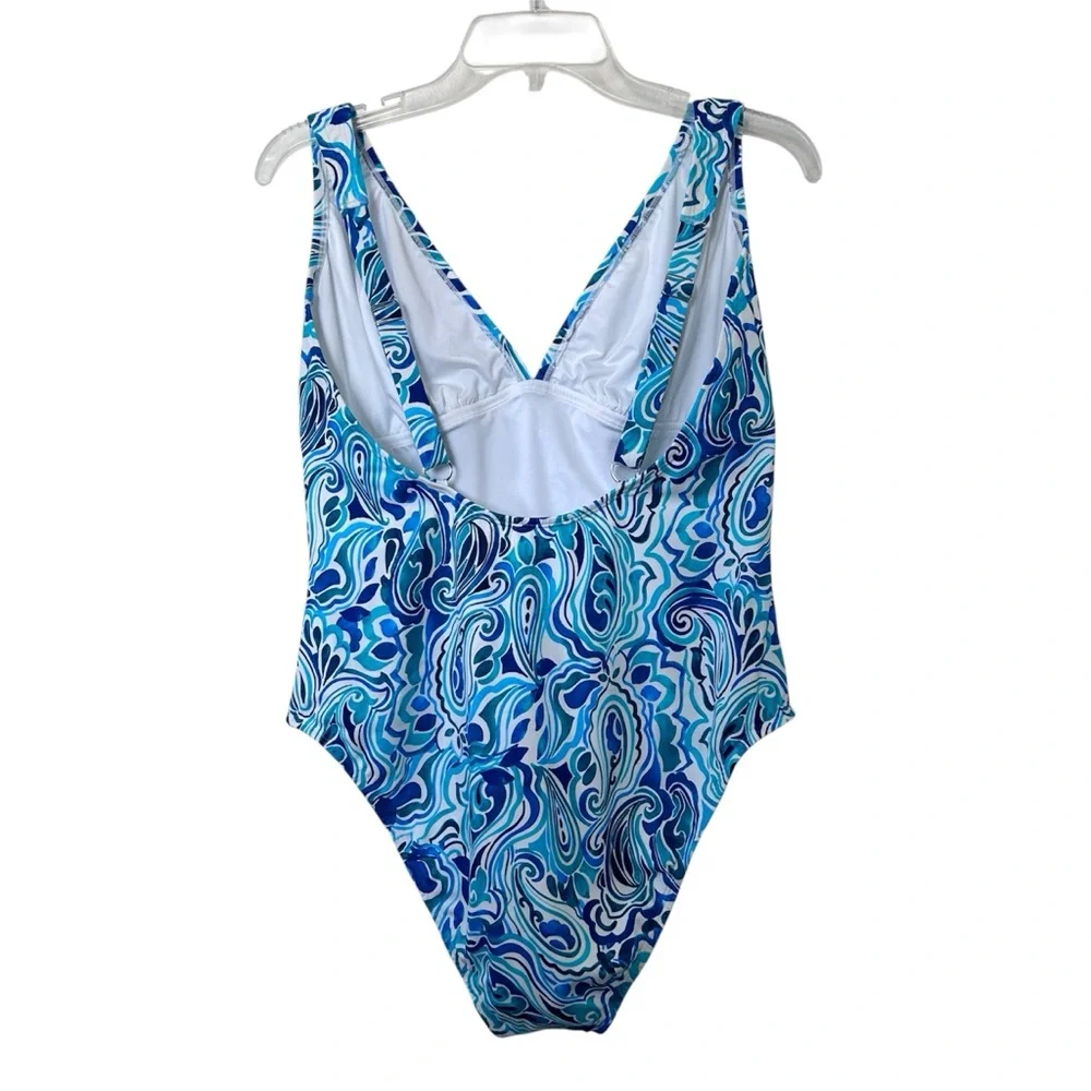 VENUS Maldives Plunge One Piece Swimsuit in Blue and White Pattern